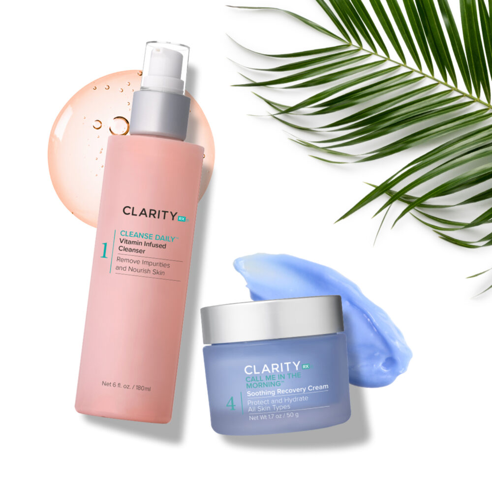 ClarityRx products on a white background with a palm leaf nearby.